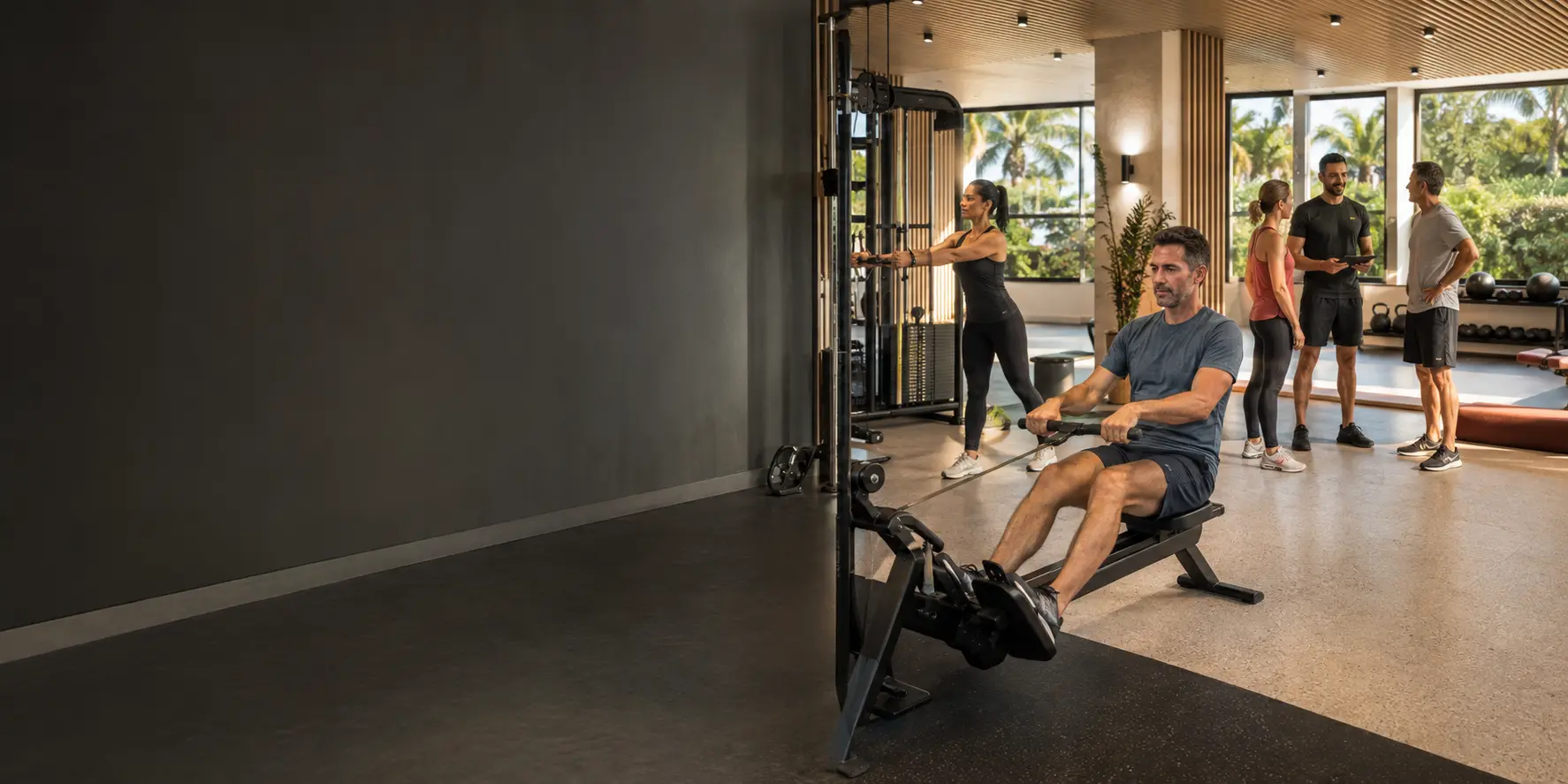 Sala amplia de ALBOR FITNESS CLUB con personas entrenando fuerza y cardio con luz natural