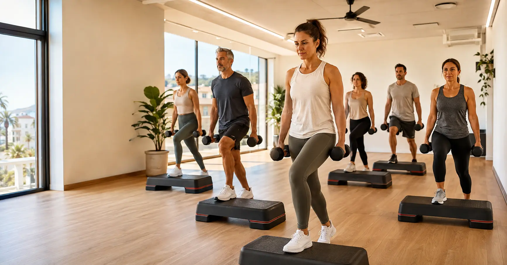 Clase dirigida con personas adultas entrenando en grupo