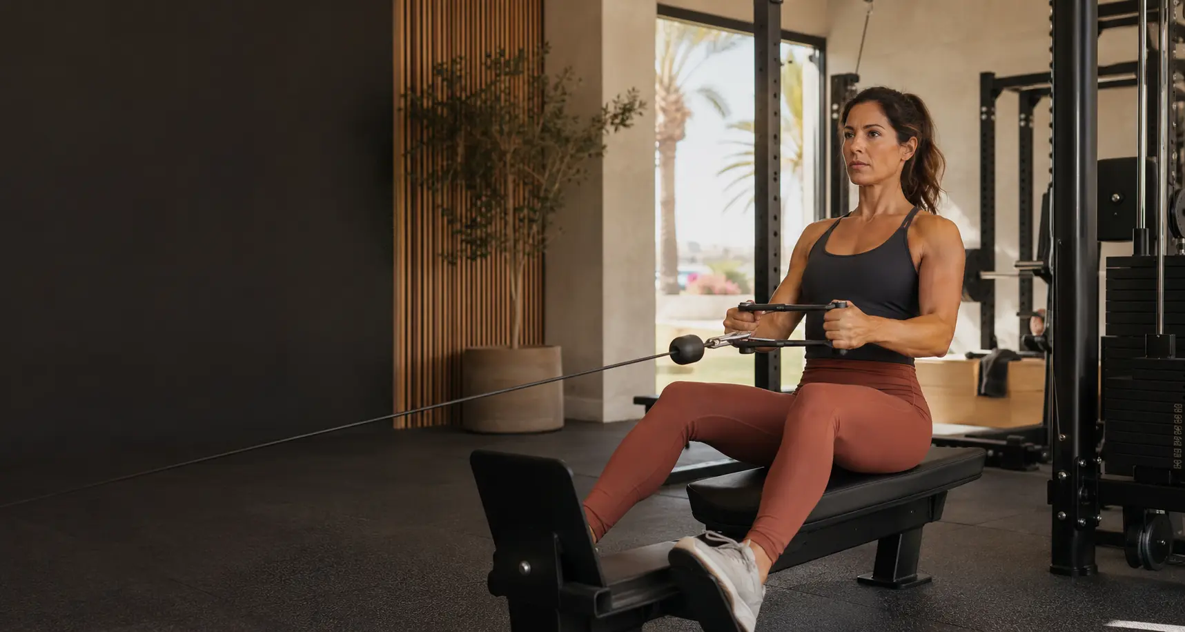 Persona entrenando fuerza en una sala fitness amplia y luminosa